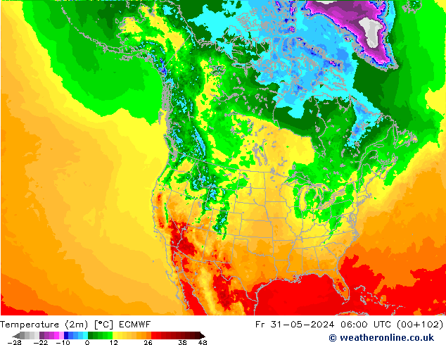 Temperatuurkaart (2m) ECMWF vr 31.05.2024 06 UTC