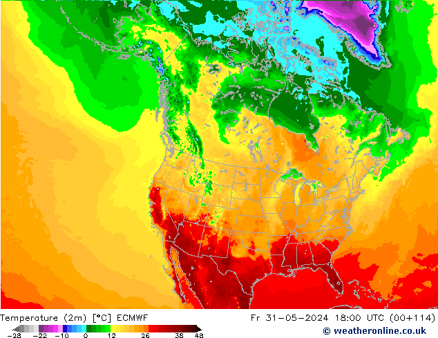 Temperatura (2m) ECMWF vie 31.05.2024 18 UTC