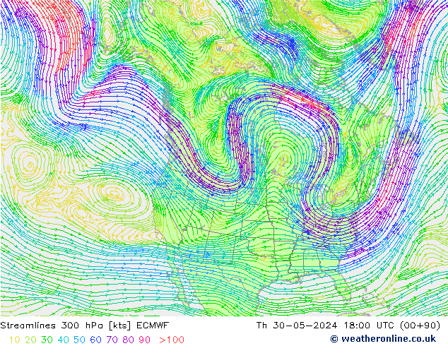 Ligne de courant 300 hPa ECMWF jeu 30.05.2024 18 UTC