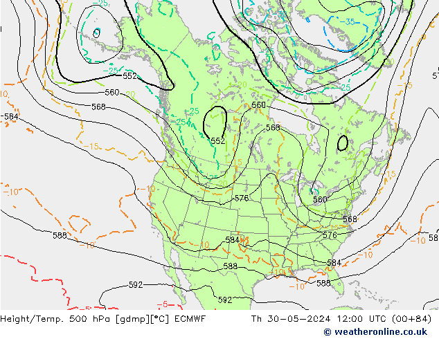 Z500/Rain (+SLP)/Z850 ECMWF Th 30.05.2024 12 UTC