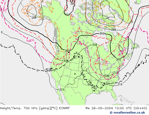 Geop./Temp. 700 hPa ECMWF mié 29.05.2024 12 UTC