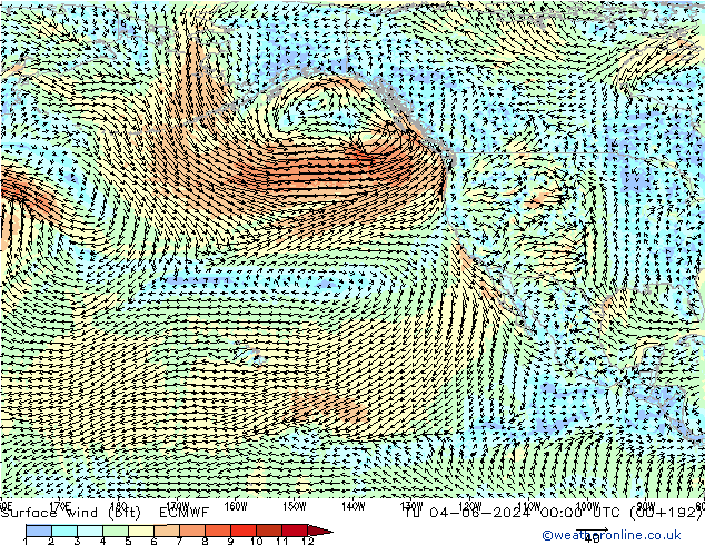 Viento 10 m (bft) ECMWF mar 04.06.2024 00 UTC