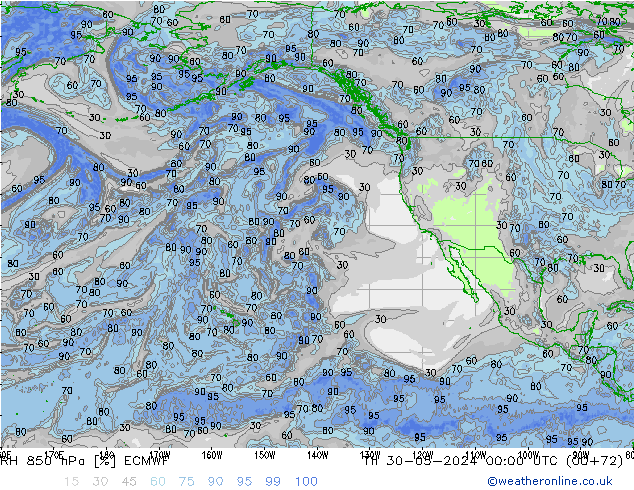 Humedad rel. 850hPa ECMWF jue 30.05.2024 00 UTC