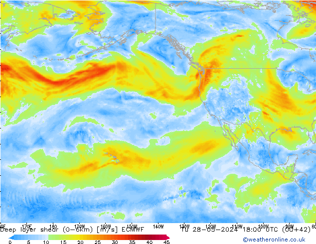 Deep layer shear (0-6km) ECMWF Tu 28.05.2024 18 UTC