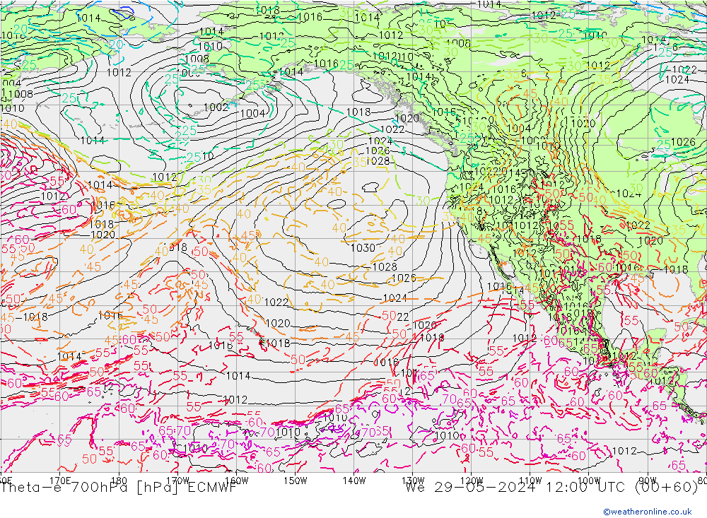 Theta-e 700hPa ECMWF śro. 29.05.2024 12 UTC