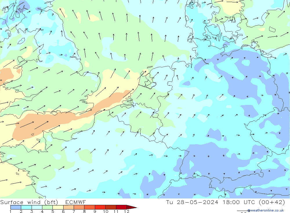 Surface wind (bft) ECMWF Tu 28.05.2024 18 UTC