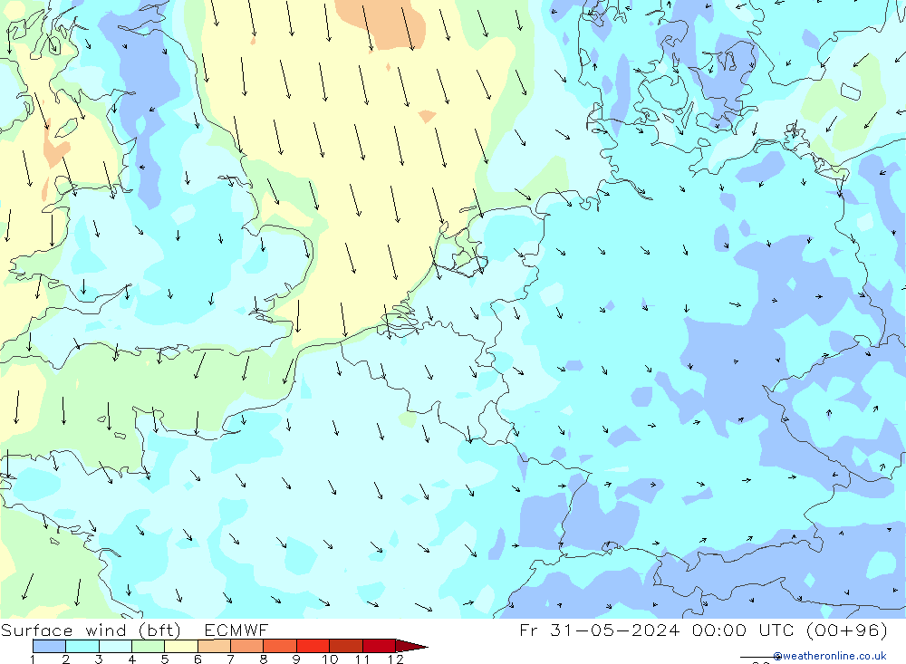 Surface wind (bft) ECMWF Pá 31.05.2024 00 UTC