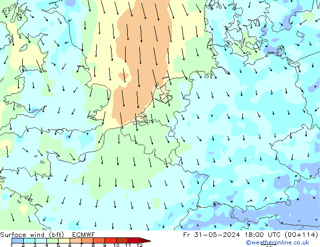 wiatr 10 m (bft) ECMWF pt. 31.05.2024 18 UTC