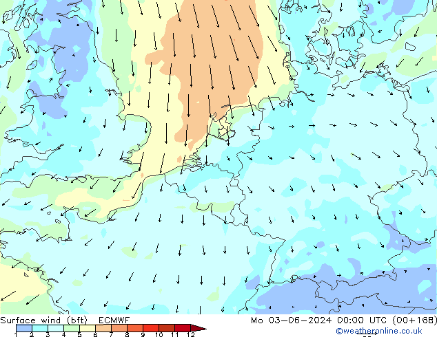 Wind 10 m (bft) ECMWF ma 03.06.2024 00 UTC