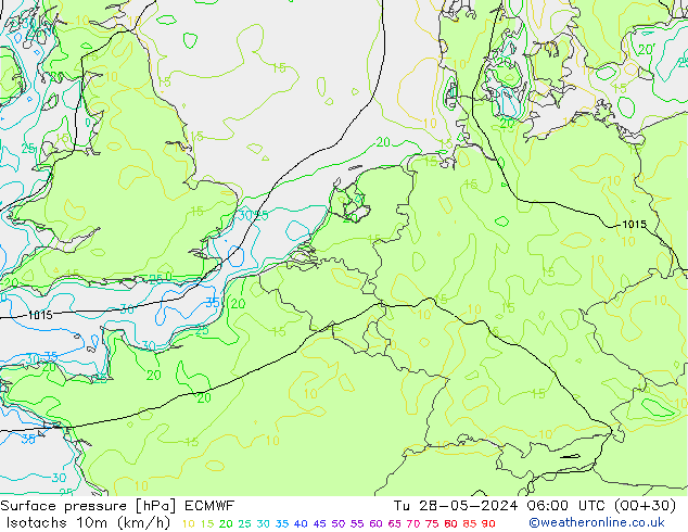 Isotachs (kph) ECMWF Tu 28.05.2024 06 UTC