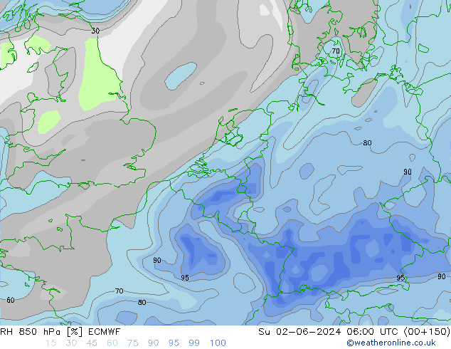 RH 850 hPa ECMWF dom 02.06.2024 06 UTC