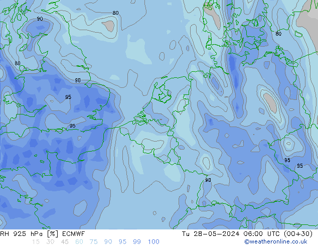 RH 925 hPa ECMWF Tu 28.05.2024 06 UTC