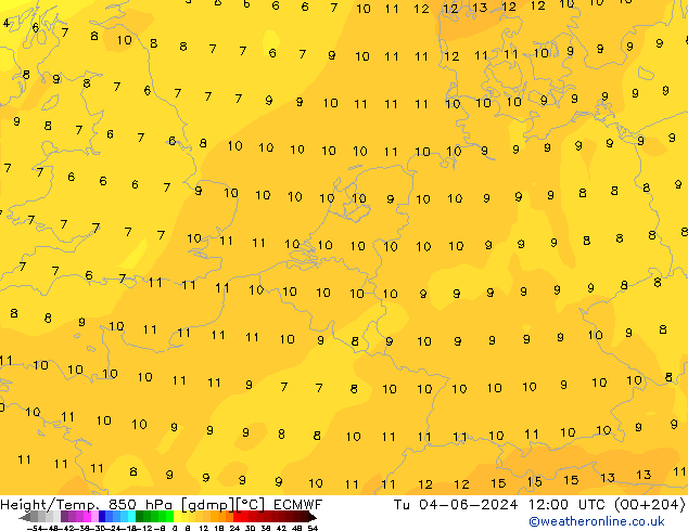 Z500/Rain (+SLP)/Z850 ECMWF wto. 04.06.2024 12 UTC