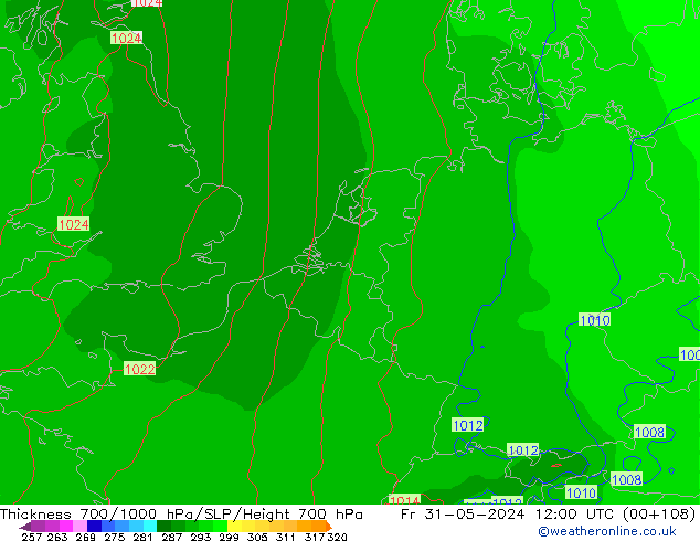 Thck 700-1000 гПа ECMWF пт 31.05.2024 12 UTC