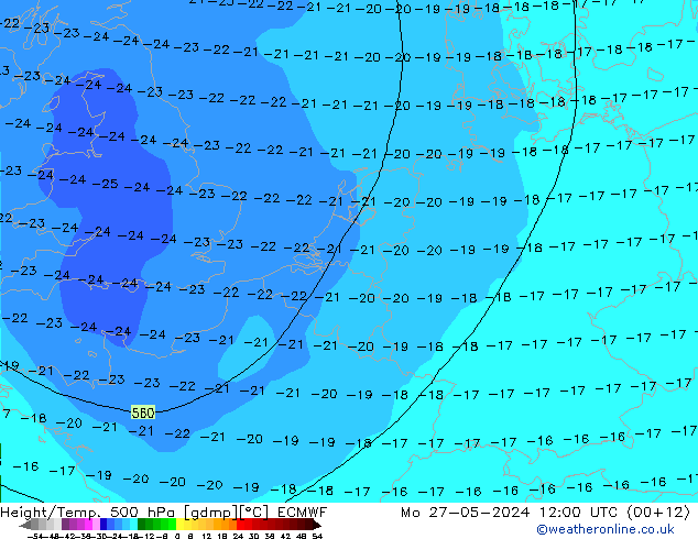 Z500/Rain (+SLP)/Z850 ECMWF Po 27.05.2024 12 UTC