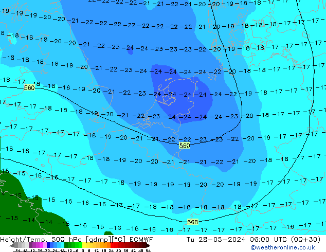 Z500/Rain (+SLP)/Z850 ECMWF Út 28.05.2024 06 UTC