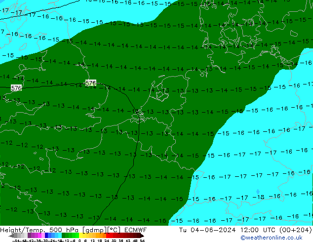 Z500/Rain (+SLP)/Z850 ECMWF wto. 04.06.2024 12 UTC