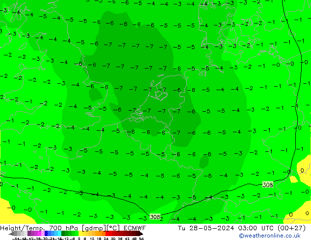 Height/Temp. 700 hPa ECMWF Di 28.05.2024 03 UTC