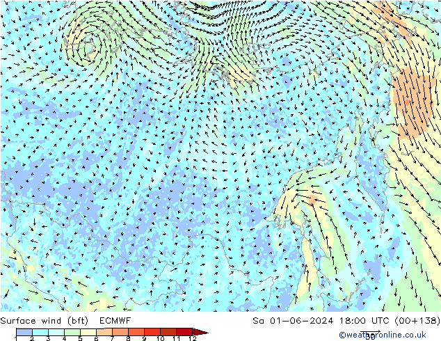 Wind 10 m (bft) ECMWF za 01.06.2024 18 UTC