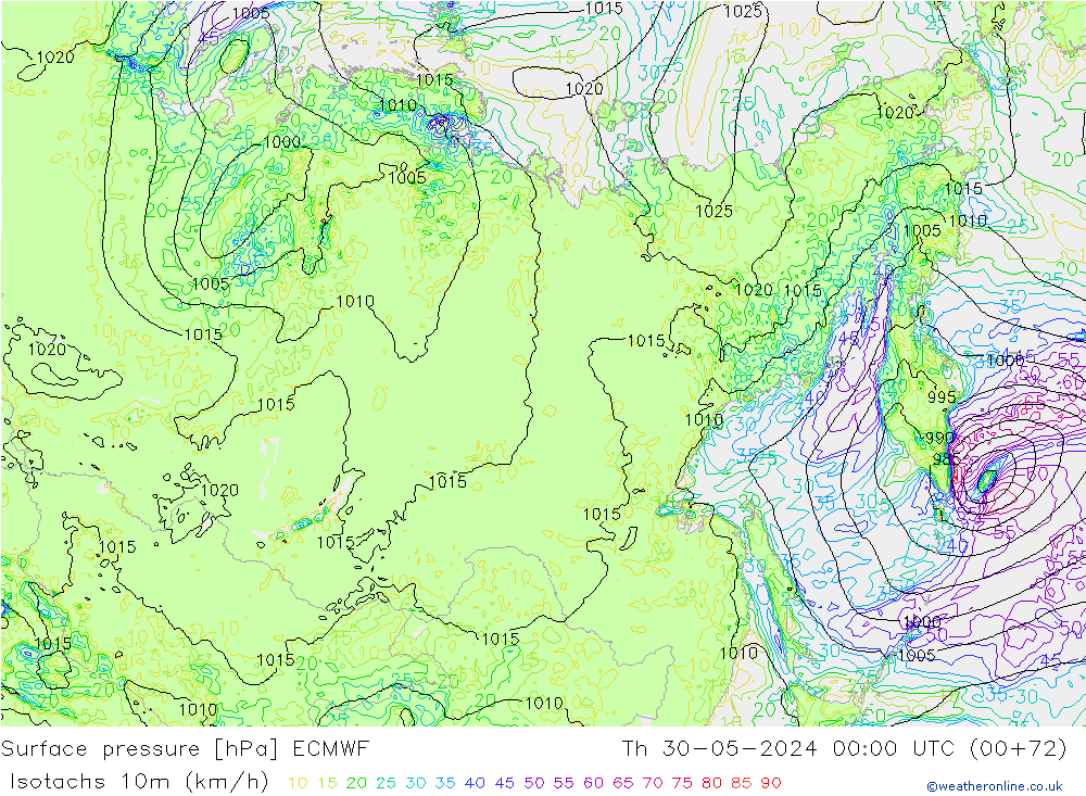 Isotachs (kph) ECMWF Th 30.05.2024 00 UTC