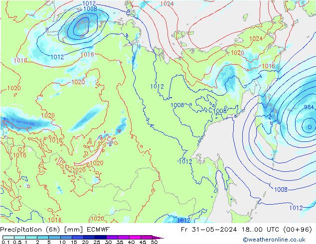 Totale neerslag (6h) ECMWF vr 31.05.2024 00 UTC