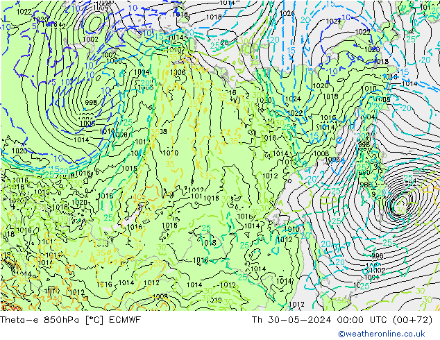 Theta-e 850hPa ECMWF jue 30.05.2024 00 UTC