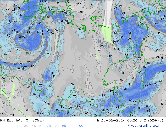 Humidité rel. 850 hPa ECMWF jeu 30.05.2024 00 UTC