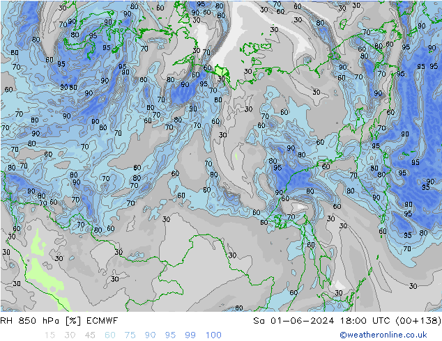 Humidité rel. 850 hPa ECMWF sam 01.06.2024 18 UTC