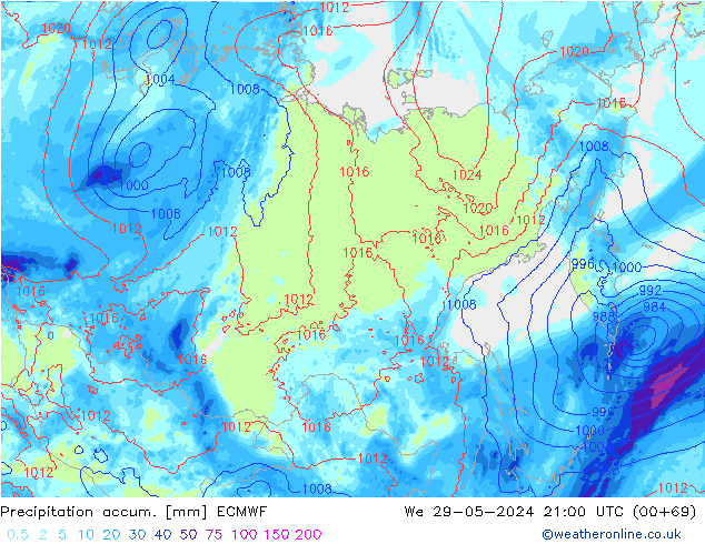 Precipitation accum. ECMWF Qua 29.05.2024 21 UTC