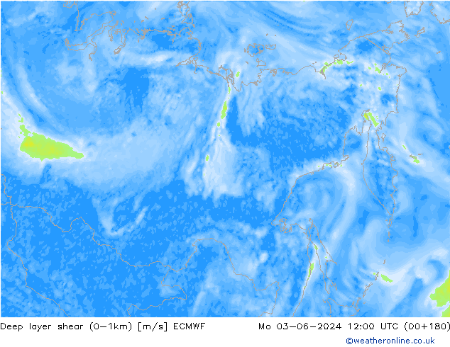 Deep layer shear (0-1km) ECMWF Seg 03.06.2024 12 UTC