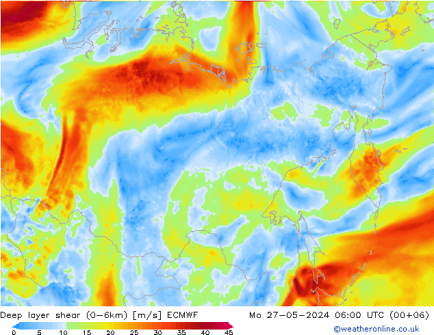 Deep layer shear (0-6km) ECMWF pon. 27.05.2024 06 UTC