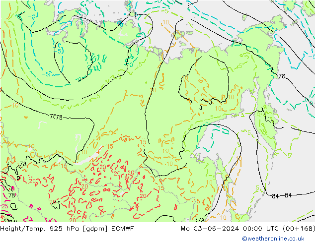 Height/Temp. 925 hPa ECMWF Mo 03.06.2024 00 UTC