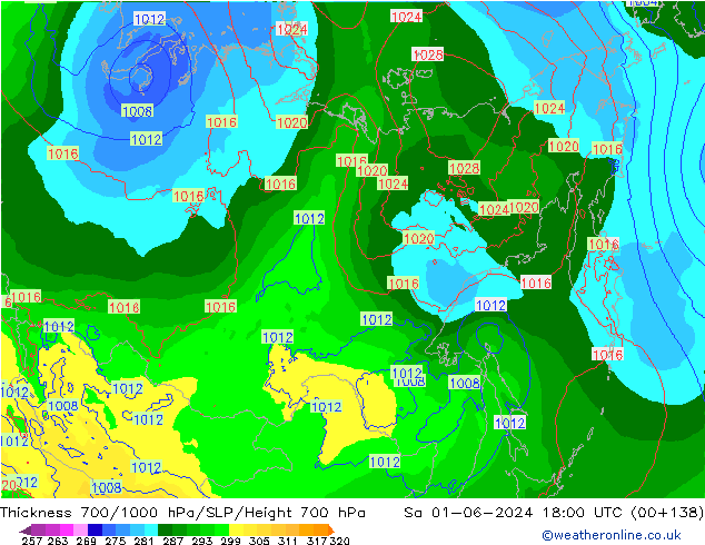 Dikte700-1000 hPa ECMWF za 01.06.2024 18 UTC