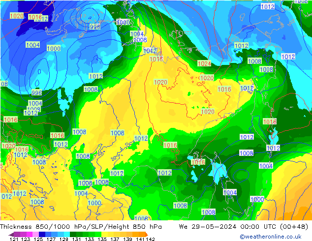 Dikte 850-1000 hPa ECMWF wo 29.05.2024 00 UTC