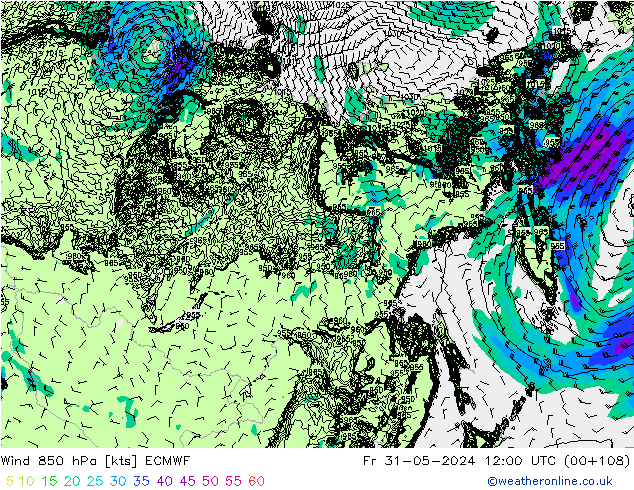 Vento 850 hPa ECMWF ven 31.05.2024 12 UTC