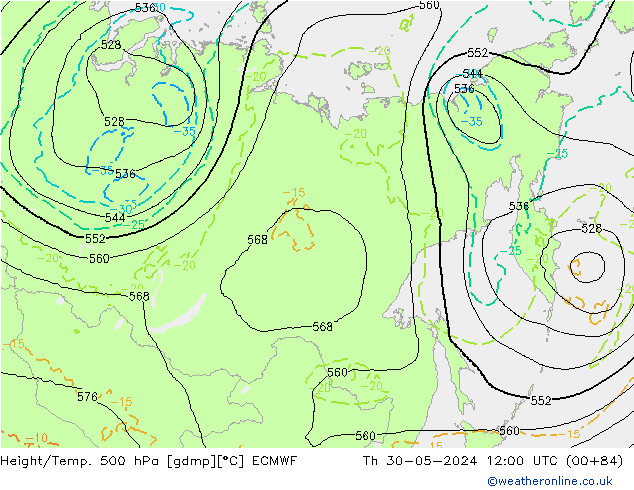 Z500/Rain (+SLP)/Z850 ECMWF czw. 30.05.2024 12 UTC