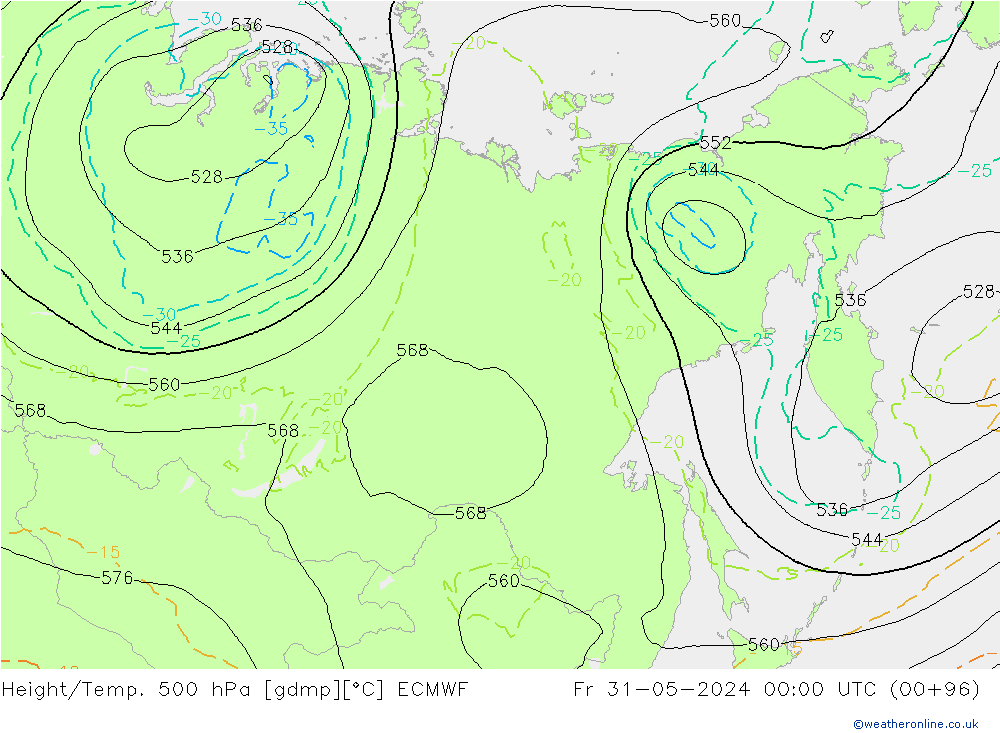 Z500/Rain (+SLP)/Z850 ECMWF ven 31.05.2024 00 UTC