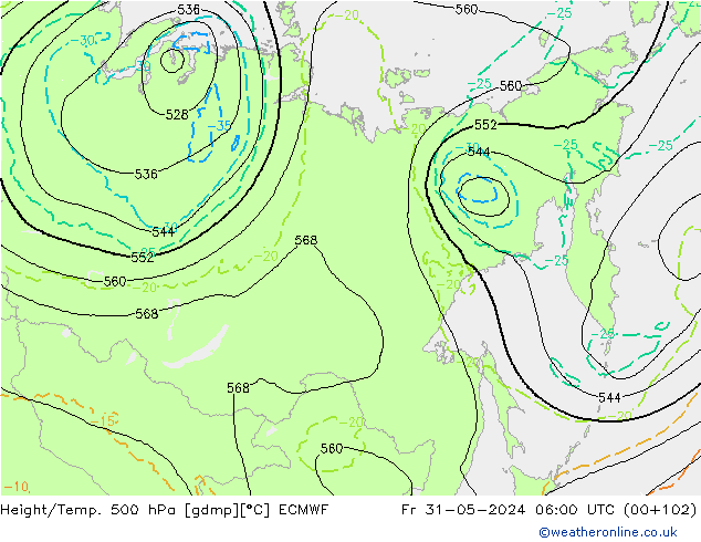 Z500/Rain (+SLP)/Z850 ECMWF Fr 31.05.2024 06 UTC