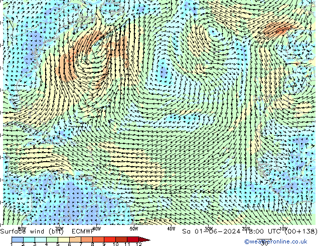 Wind 10 m (bft) ECMWF za 01.06.2024 18 UTC