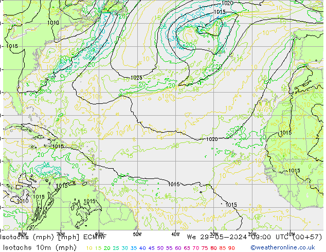 Isotachen (mph) ECMWF wo 29.05.2024 09 UTC