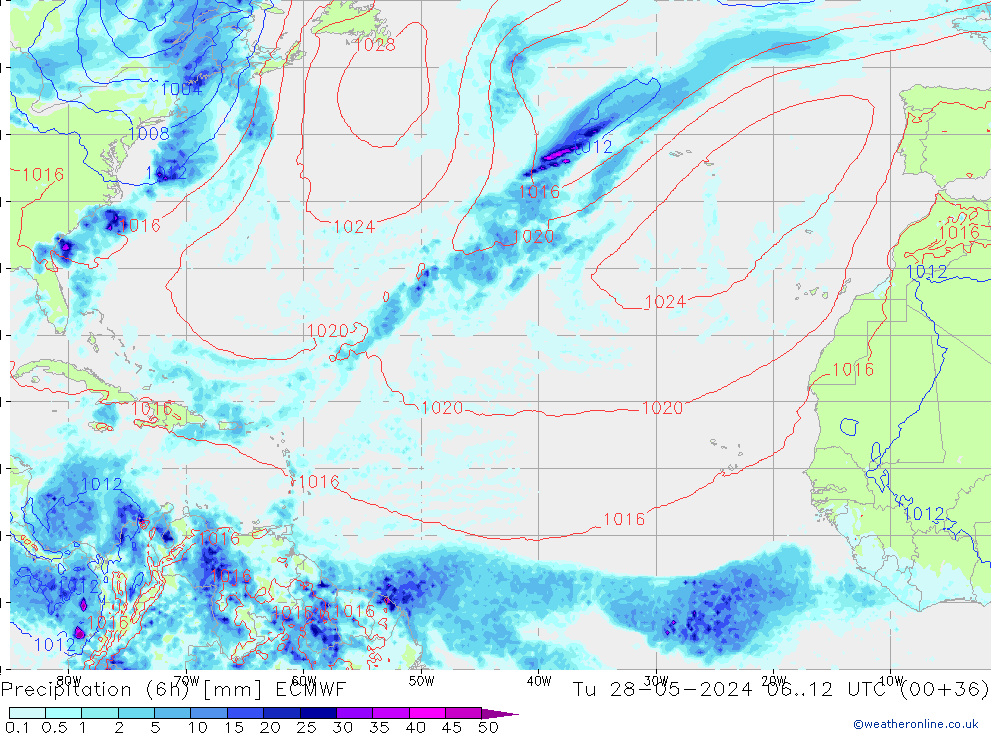 Z500/Rain (+SLP)/Z850 ECMWF Út 28.05.2024 12 UTC