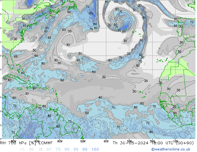 Humidité rel. 700 hPa ECMWF jeu 30.05.2024 18 UTC