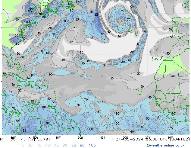 RH 700 hPa ECMWF Pá 31.05.2024 06 UTC