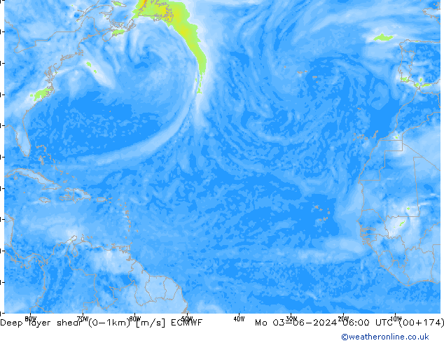 Deep layer shear (0-1km) ECMWF lun 03.06.2024 06 UTC