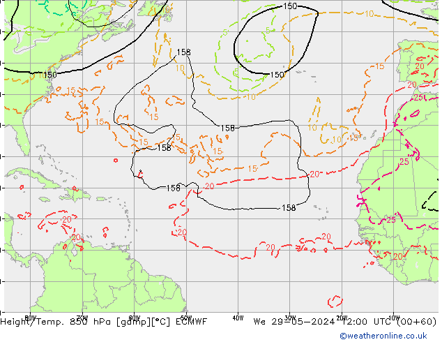 Geop./Temp. 850 hPa ECMWF mié 29.05.2024 12 UTC