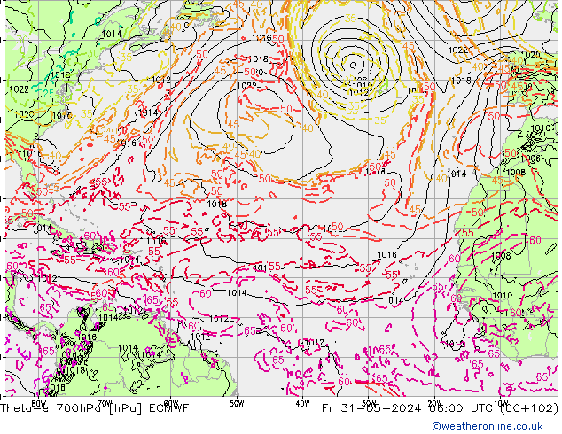 Theta-e 700hPa ECMWF Pá 31.05.2024 06 UTC