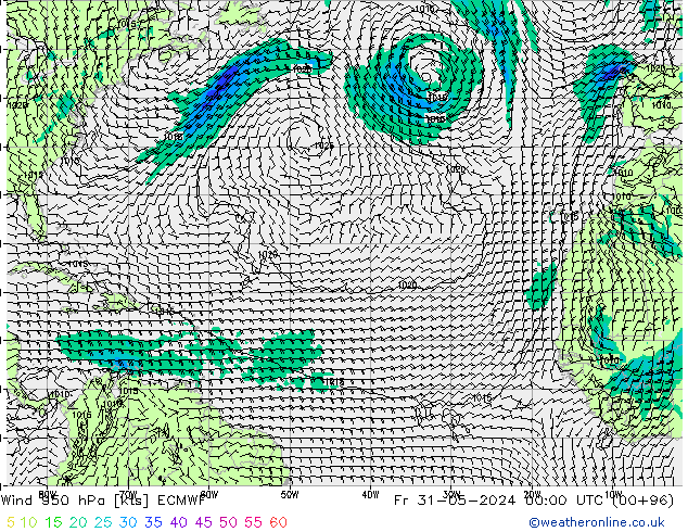 Rüzgar 950 hPa ECMWF Cu 31.05.2024 00 UTC