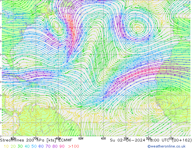 Streamlines 200 hPa ECMWF Ne 02.06.2024 18 UTC