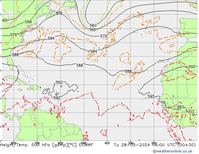 Z500/Rain (+SLP)/Z850 ECMWF wto. 28.05.2024 06 UTC