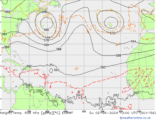 Z500/Rain (+SLP)/Z850 ECMWF Dom 02.06.2024 12 UTC